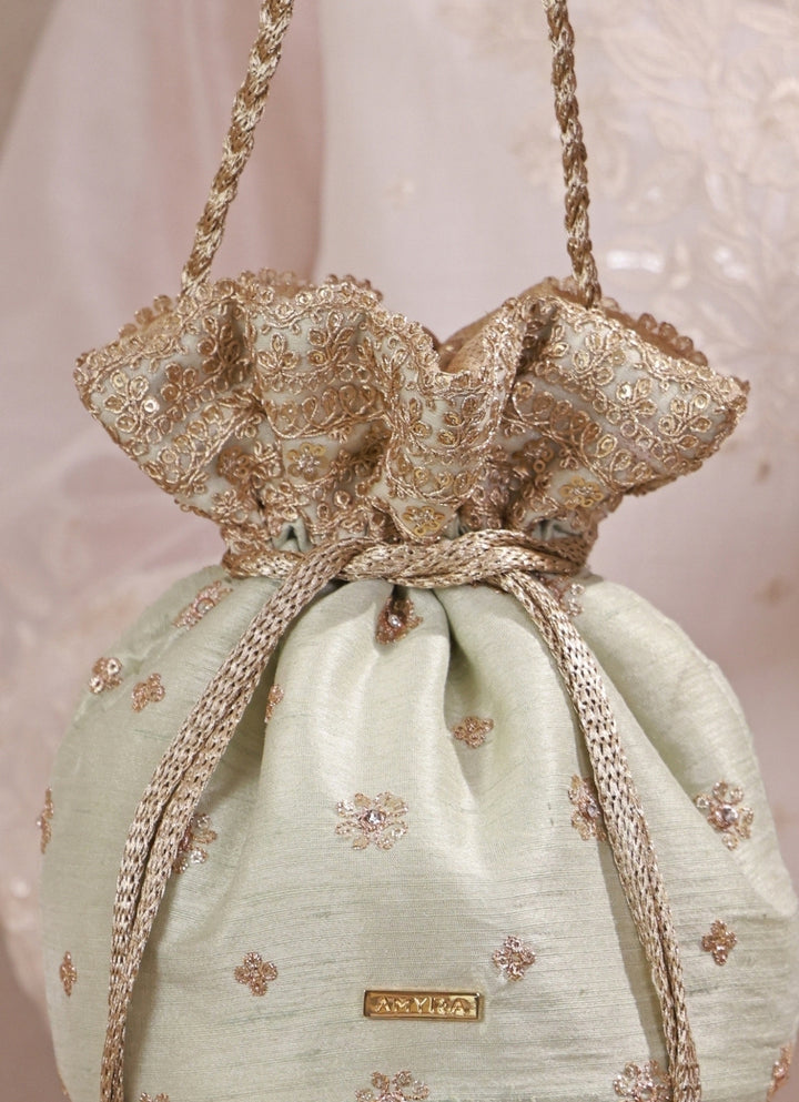 Mint Green Embroidered Silk Potli