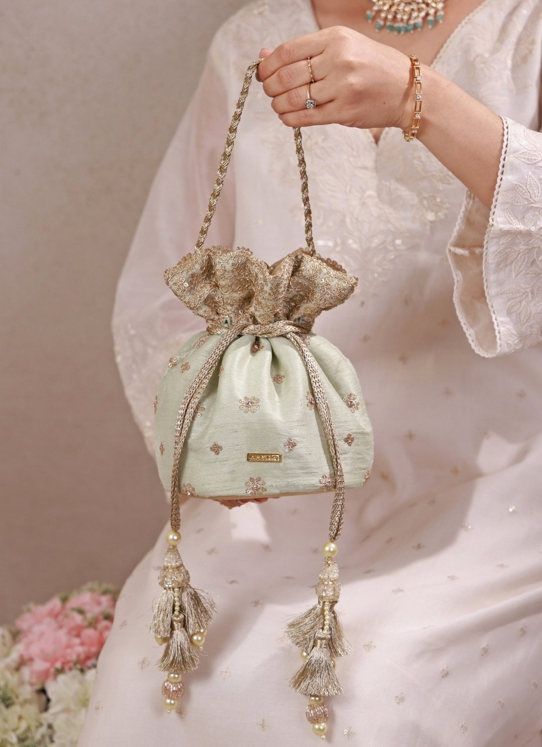 Mint Green Embroidered Silk Potli