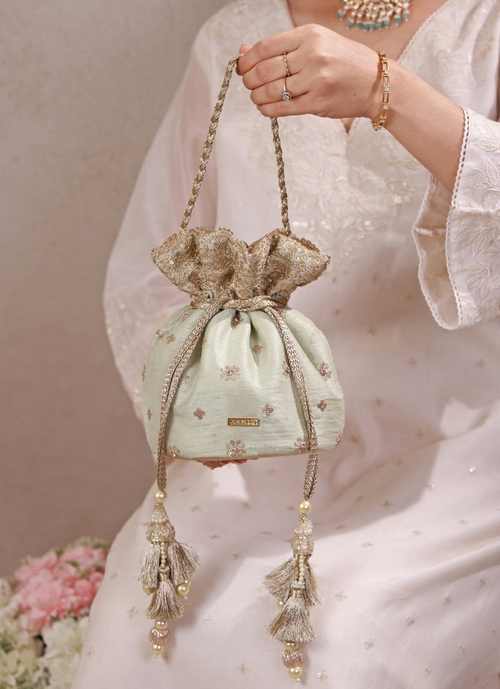 Mint Green Embroidered Silk Potli