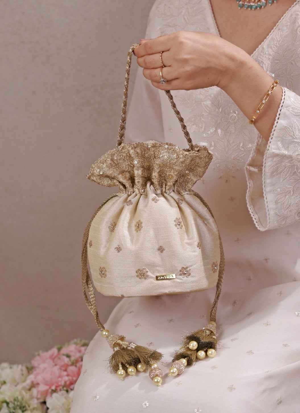 Beige Embroidered Silk Potli