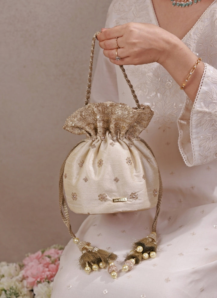 Beige Embroidered Silk Potli