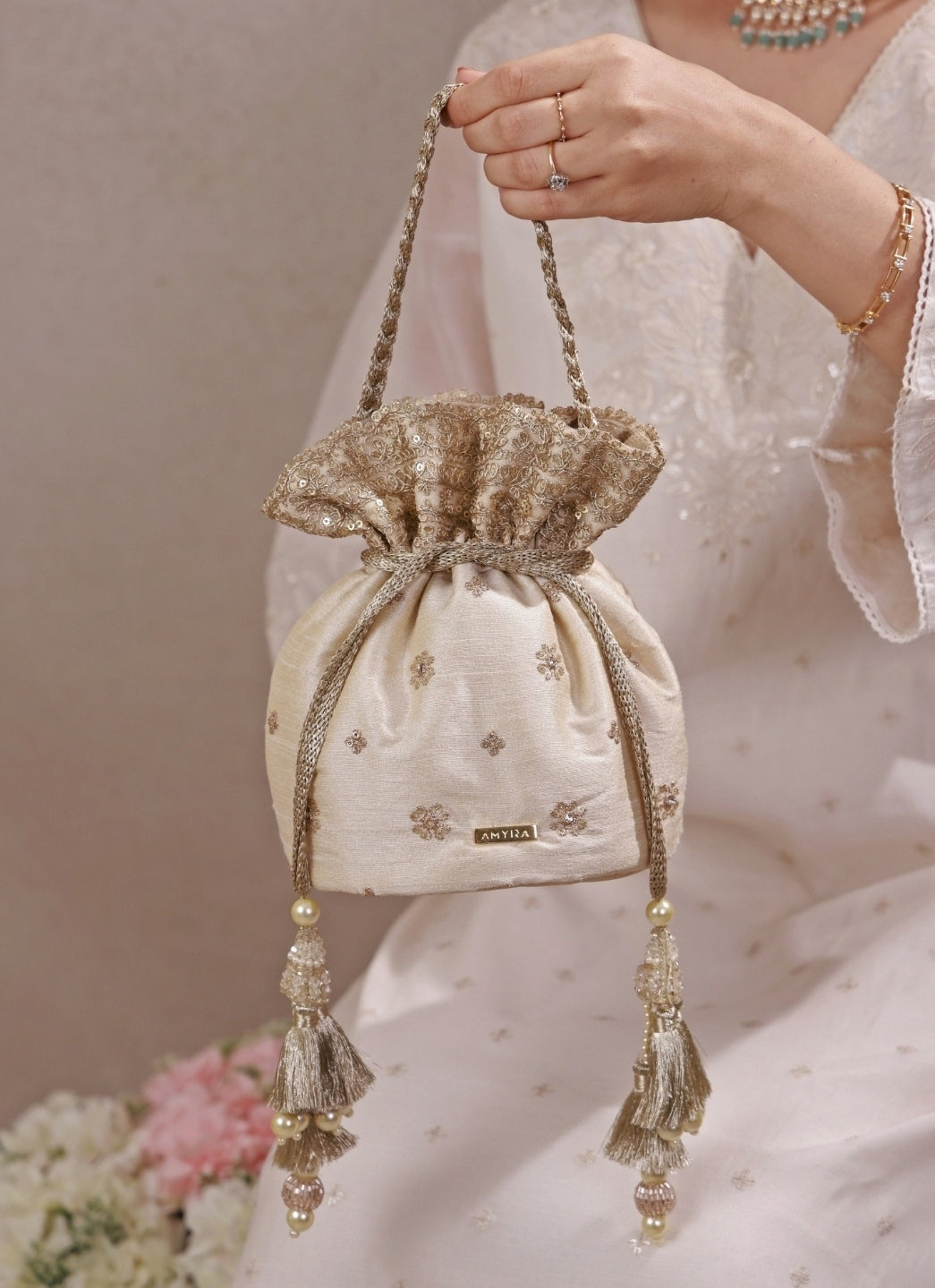 Beige Embroidered Silk Potli