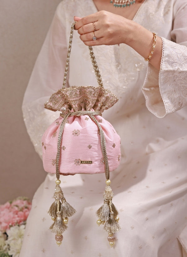 Peach Pink Embroidered Silk Potli