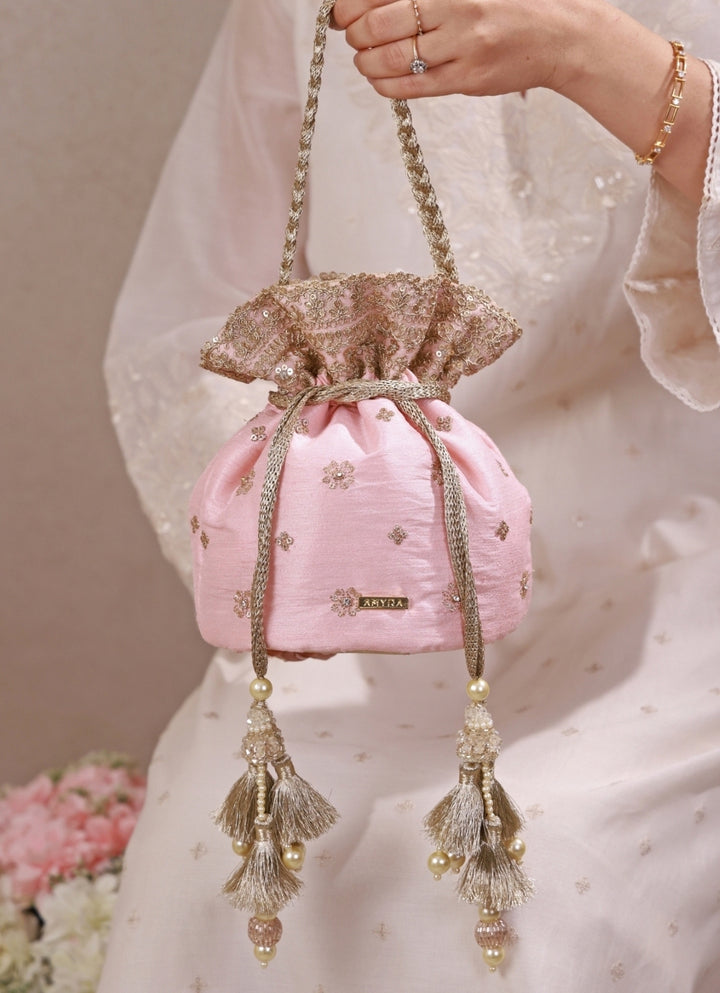 Peach Pink Embroidered Silk Potli