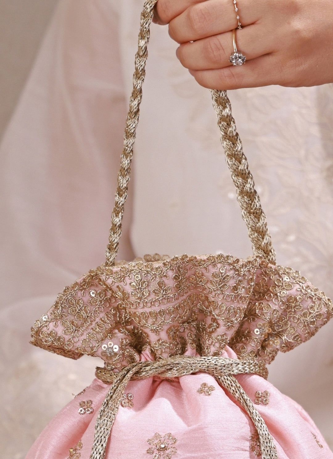 Peach Pink Embroidered Silk Potli