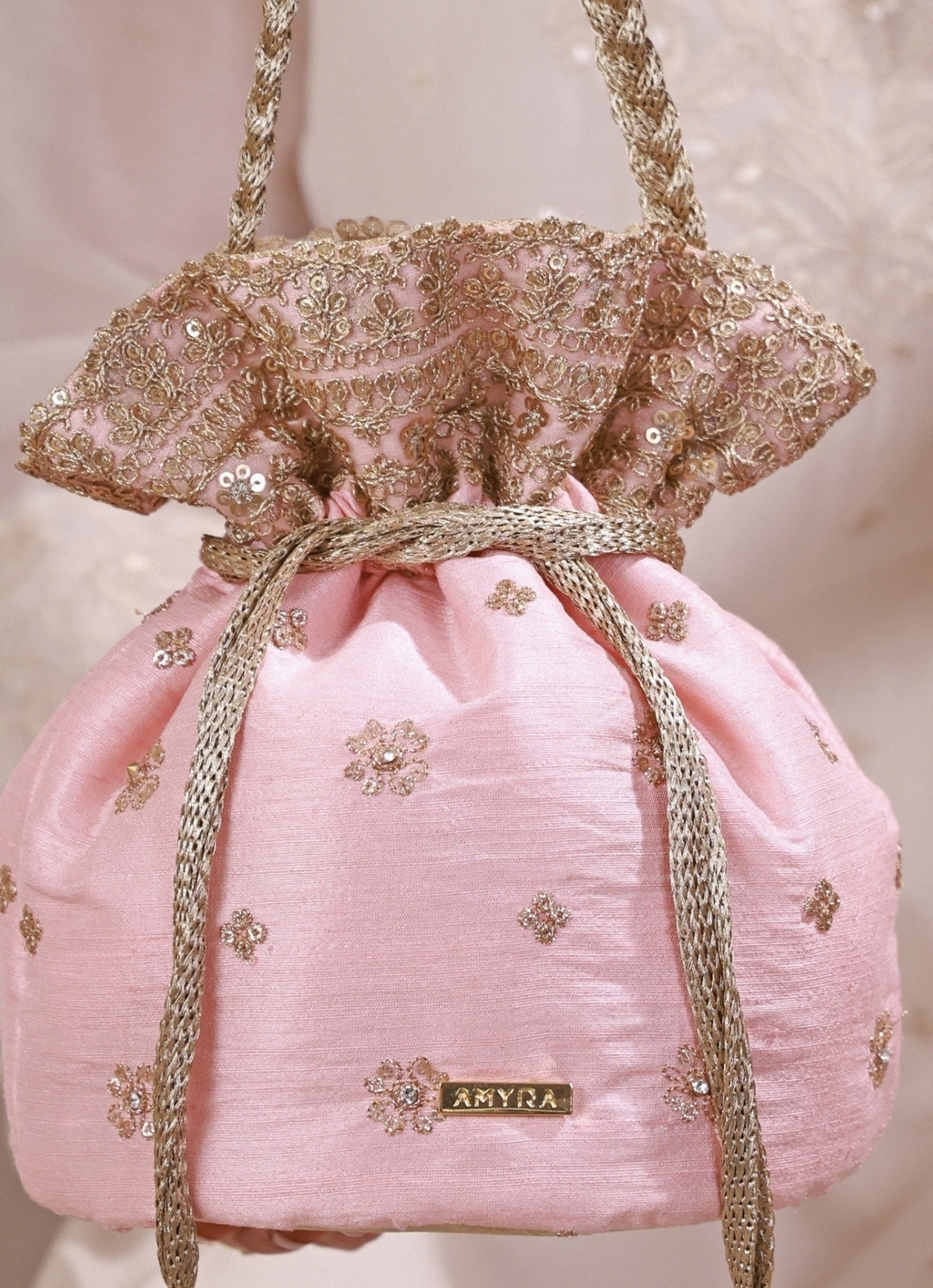 Peach Pink Embroidered Silk Potli