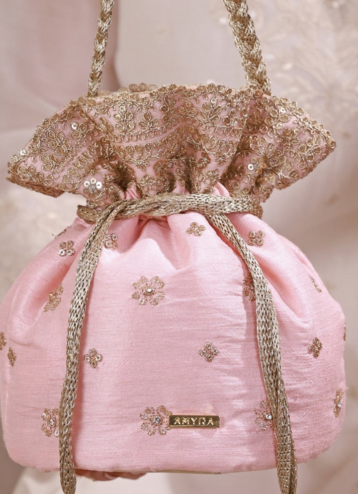 Peach Pink Embroidered Silk Potli