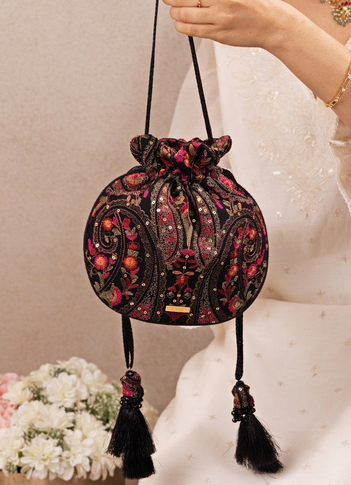 Black Embroidered Georgette Round Potli
