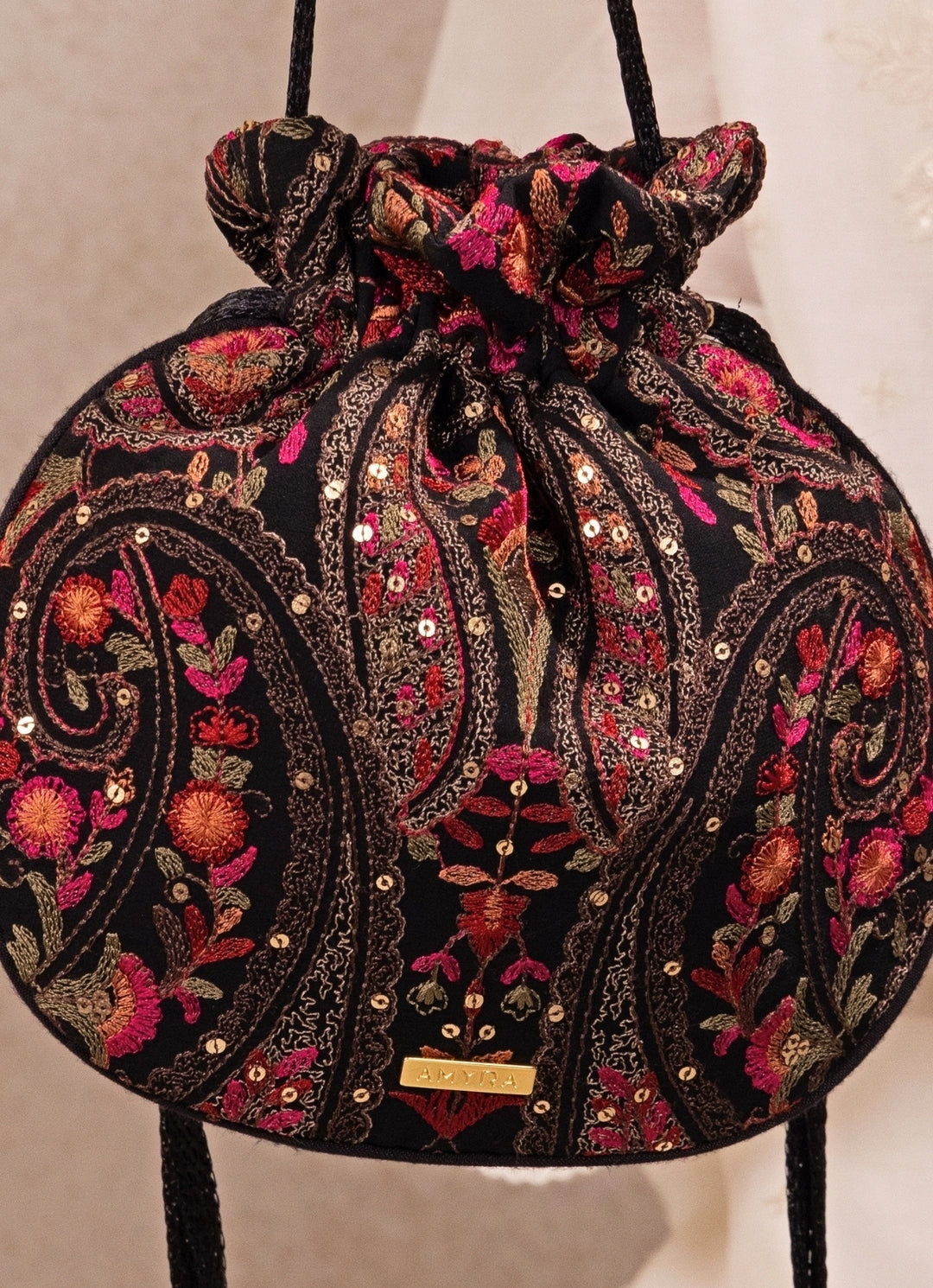 Black Embroidered Georgette Round Potli