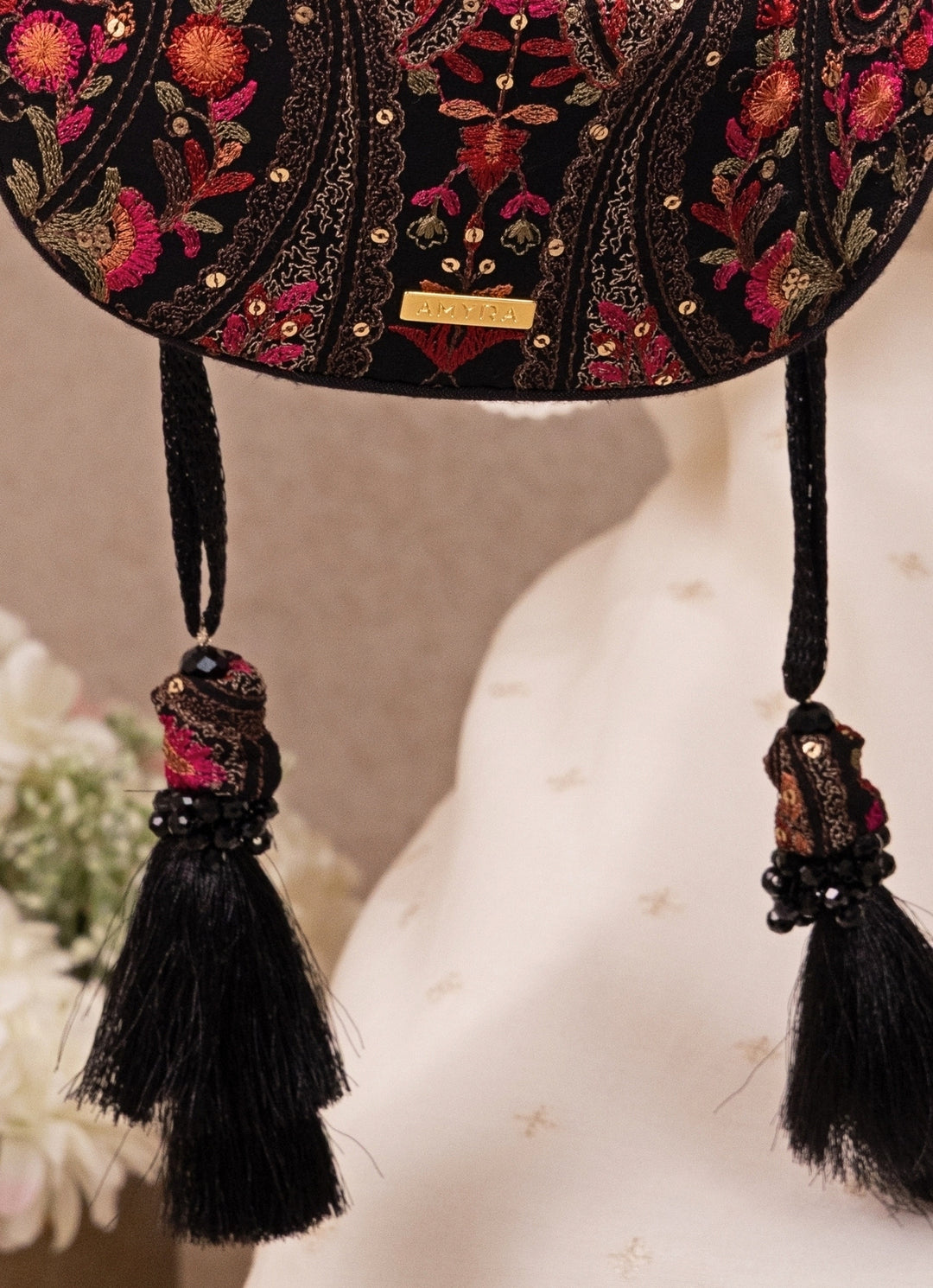 Black Embroidered Georgette Round Potli