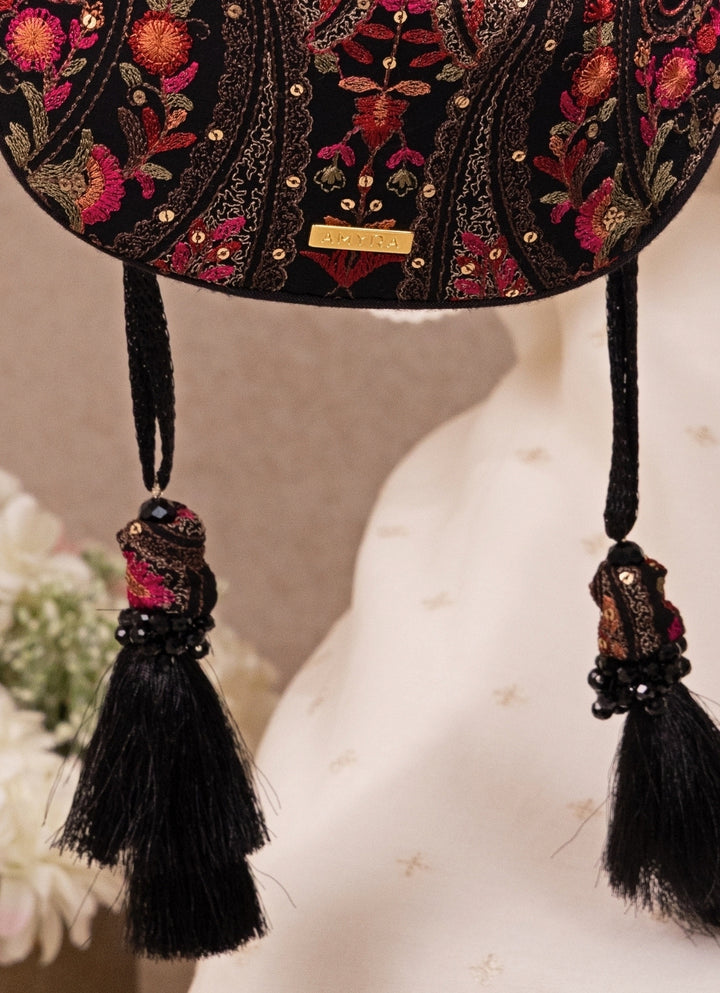 Black Embroidered Georgette Round Potli