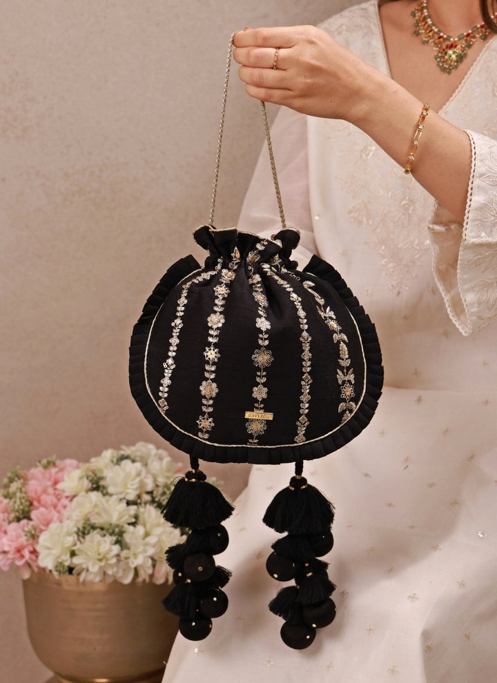 Black Embroidered Silk Pleated Potli