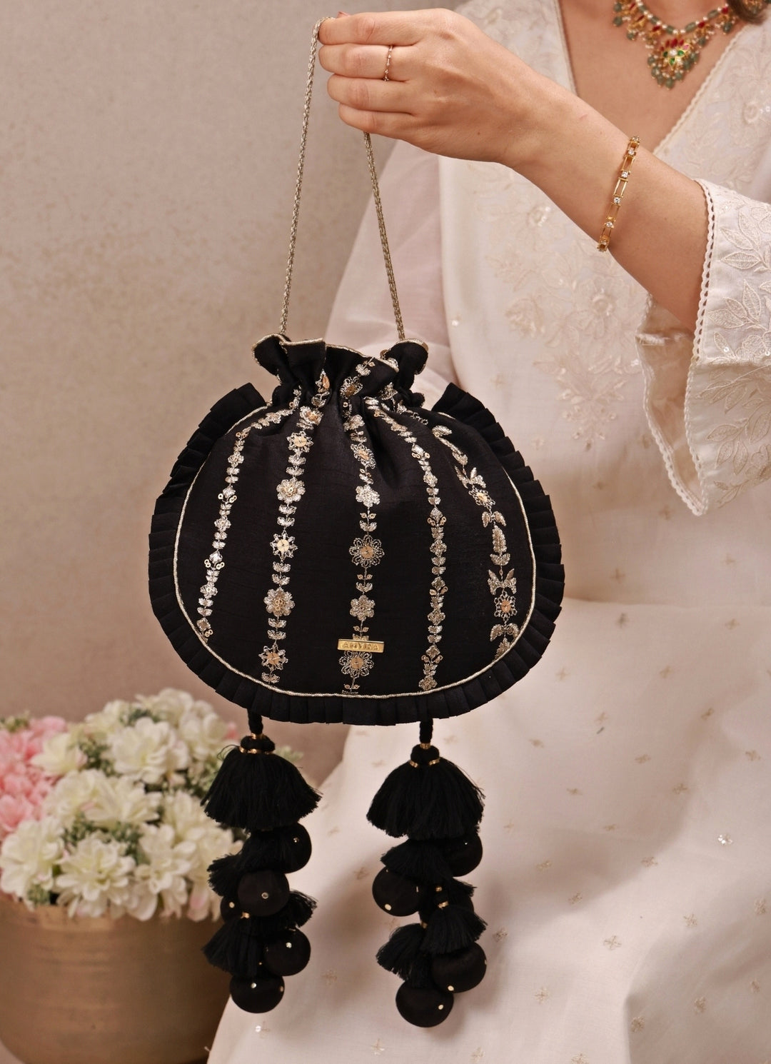 Black Embroidered Silk Pleated Potli