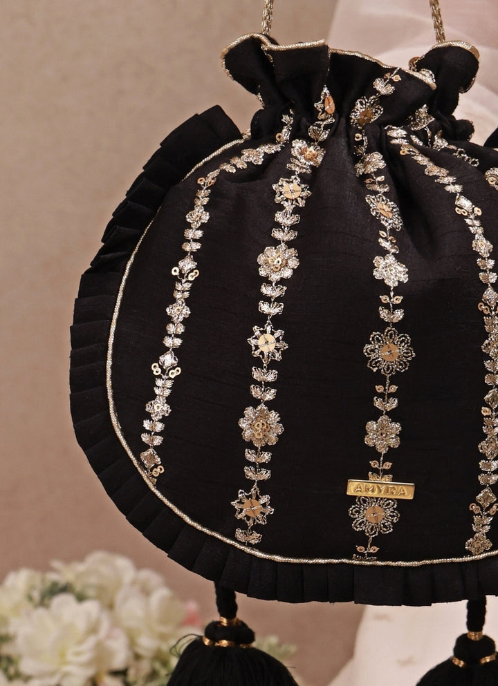 Black Embroidered Silk Pleated Potli