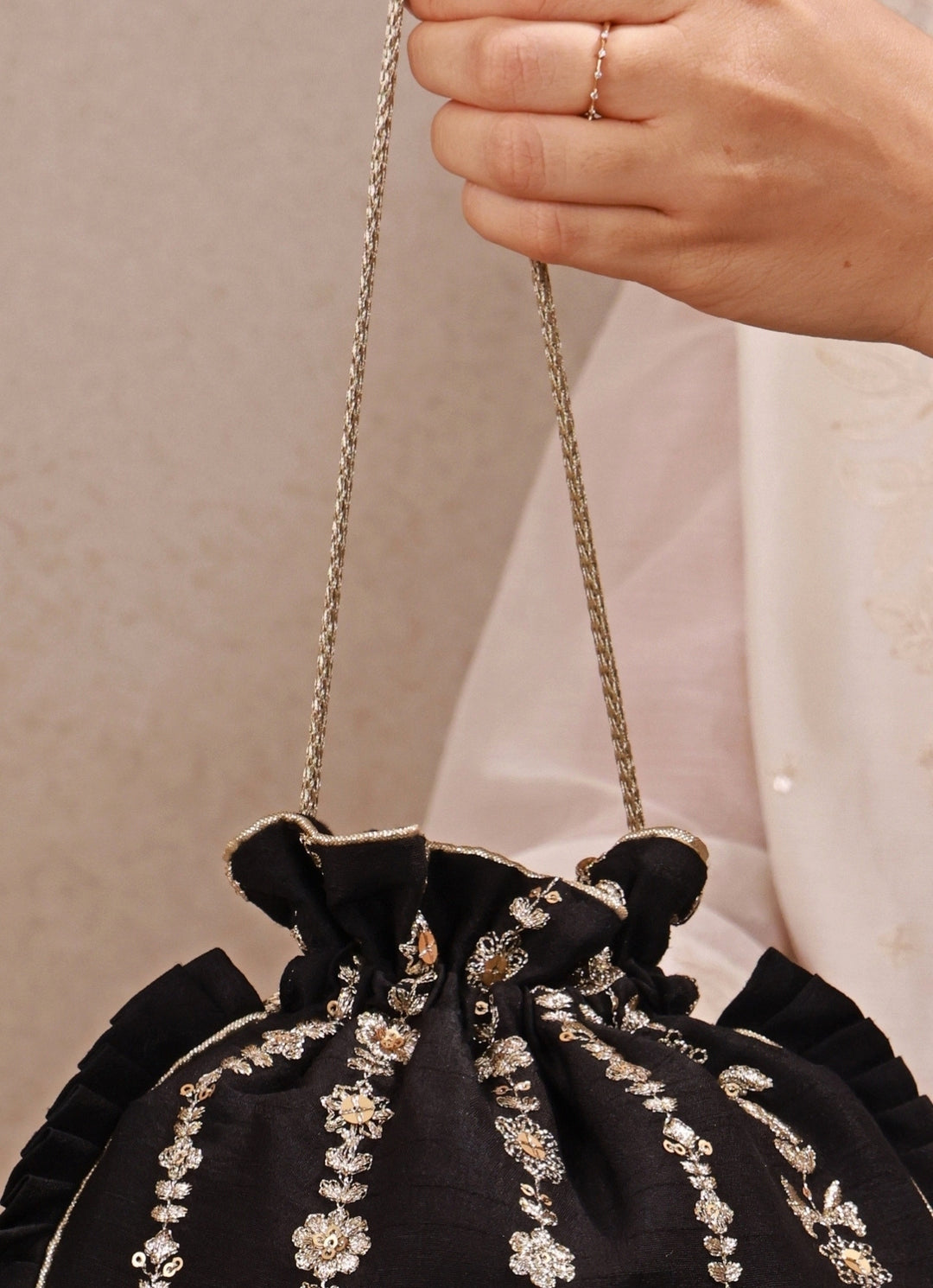 Black Embroidered Silk Pleated Potli