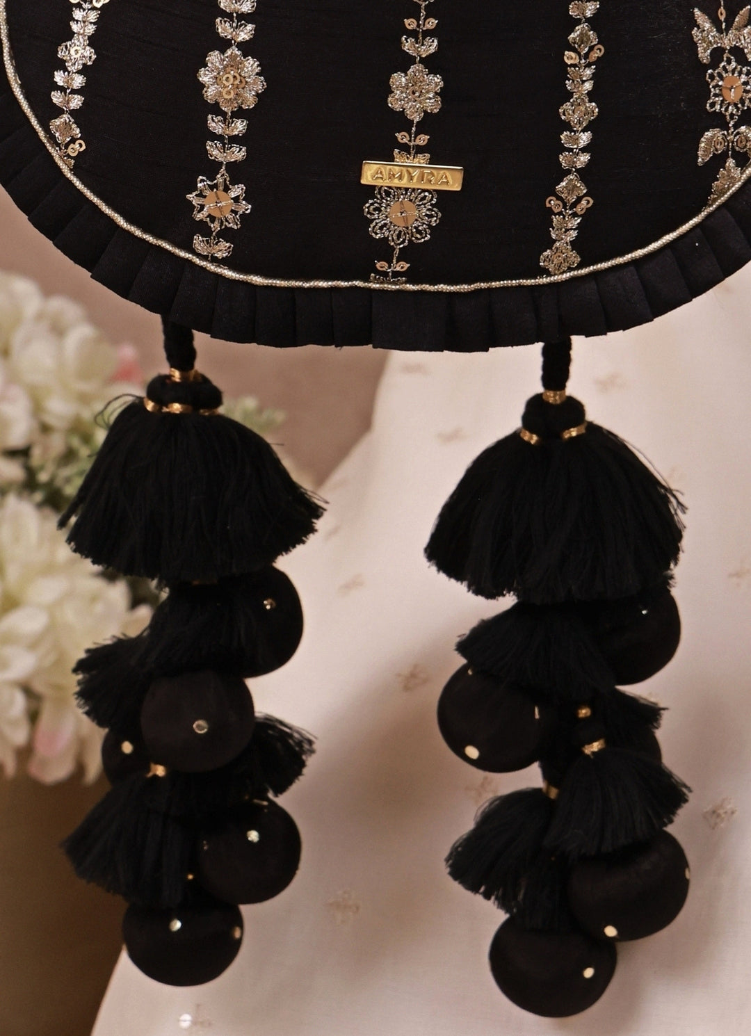 Black Embroidered Silk Pleated Potli