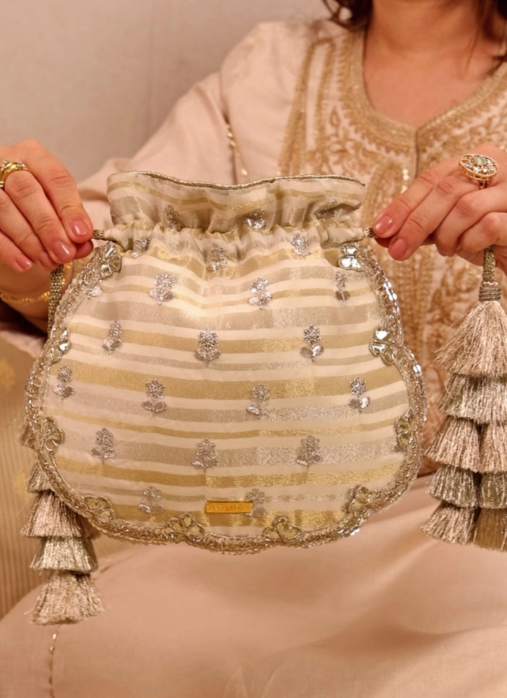 Ivory Embroidered Silk Scallop Potli
