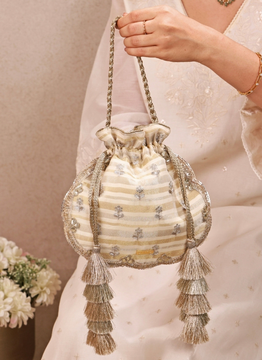 Ivory Embroidered Silk Scallop Potli