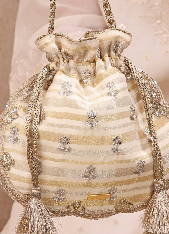 Ivory Embroidered Silk Scallop Potli