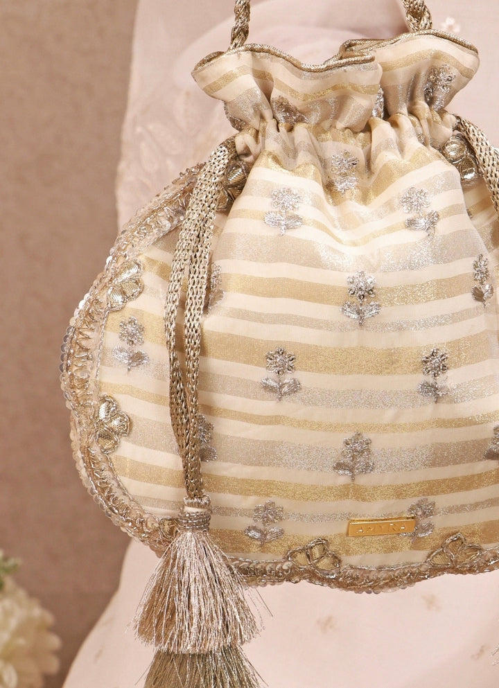 Ivory Embroidered Silk Scallop Potli