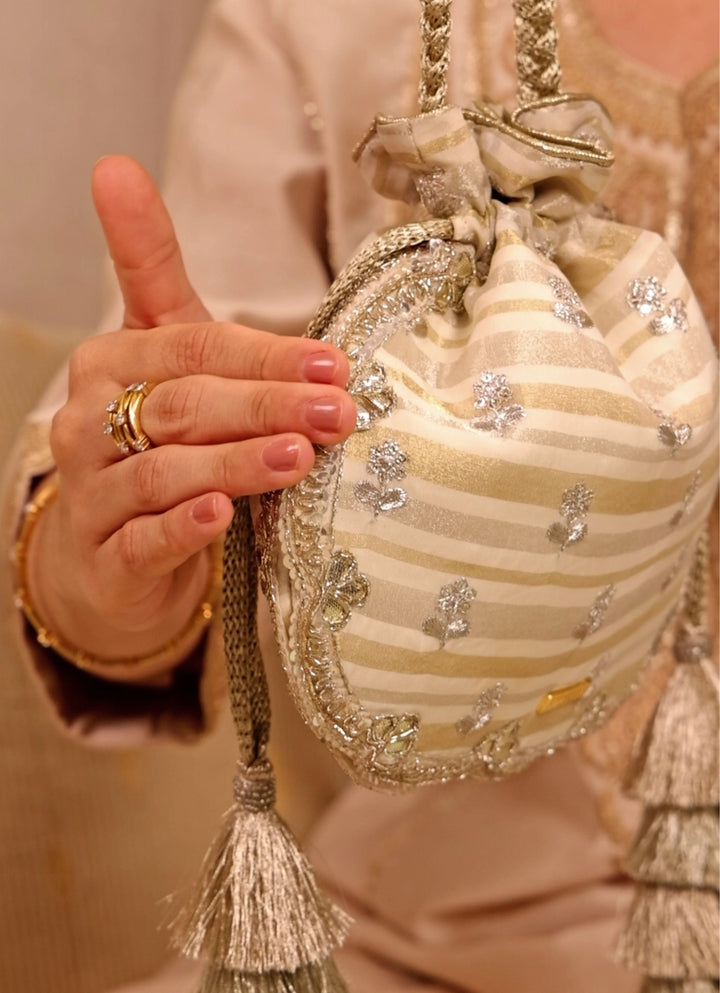 Ivory Embroidered Silk Scallop Potli
