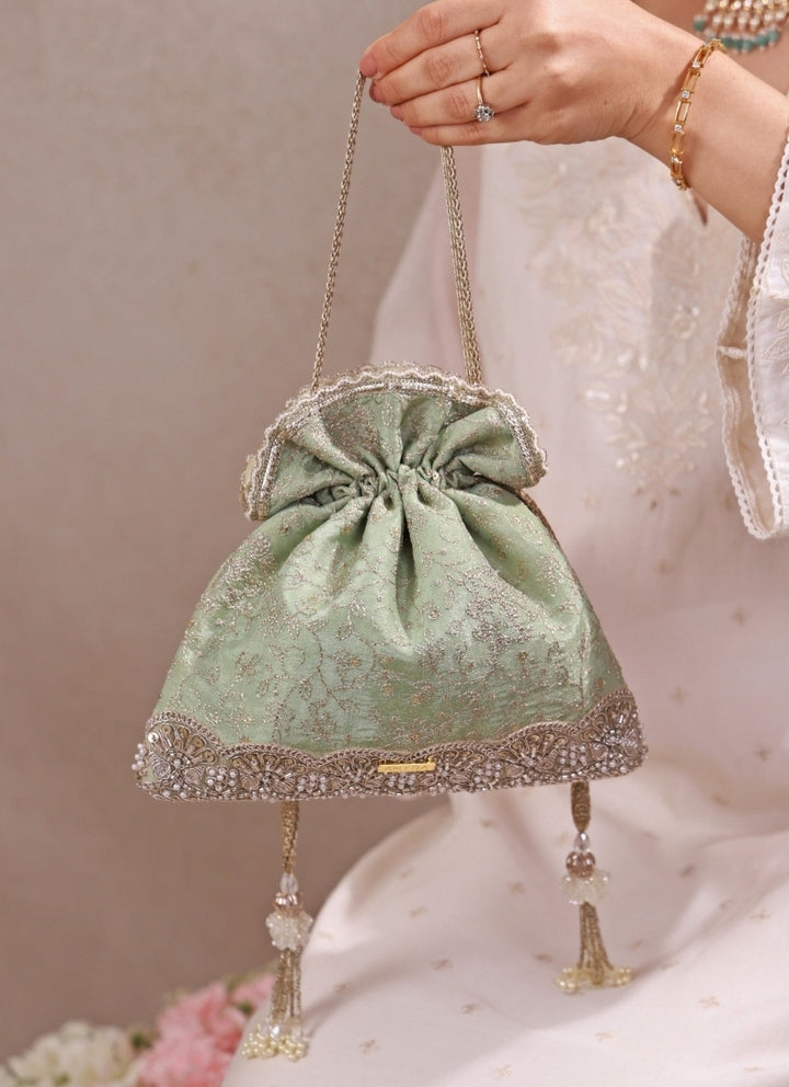Mint Green Embroidered Tissue Silk Potli