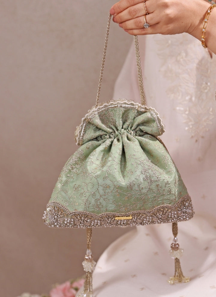 Mint Green Embroidered Tissue Silk Potli