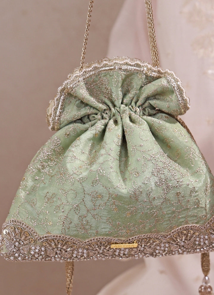 Mint Green Embroidered Tissue Silk Potli
