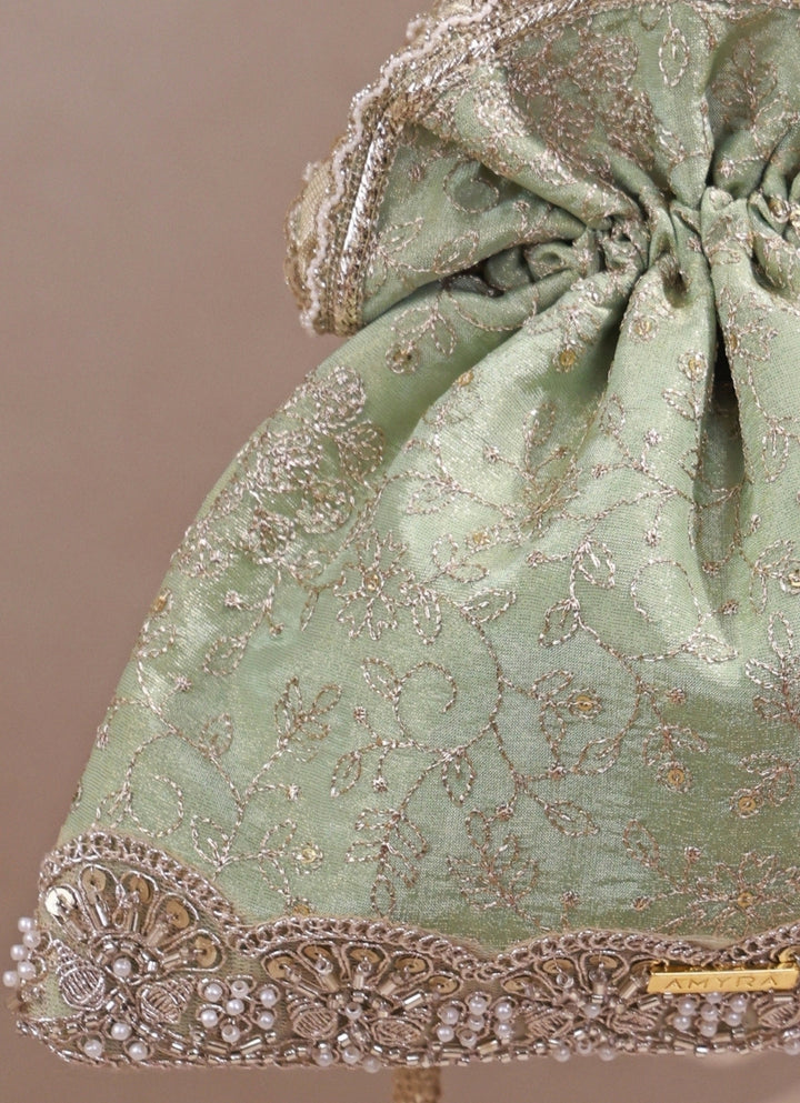 Mint Green Embroidered Tissue Silk Potli