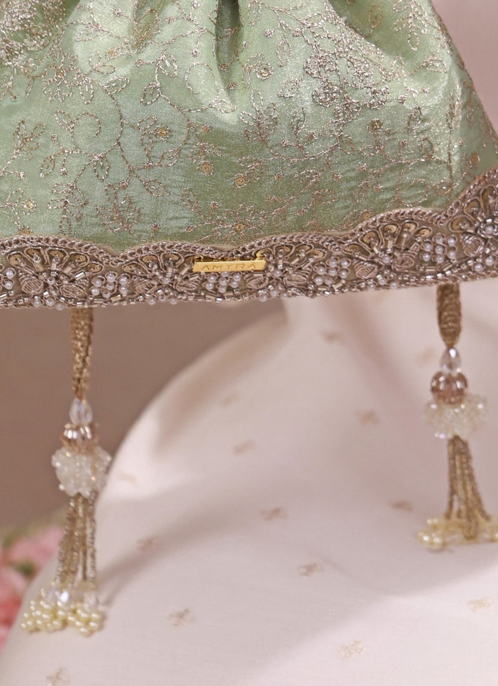 Mint Green Embroidered Tissue Silk Potli
