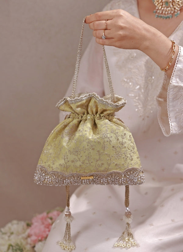 Green Embroidered Tissue Silk Potli