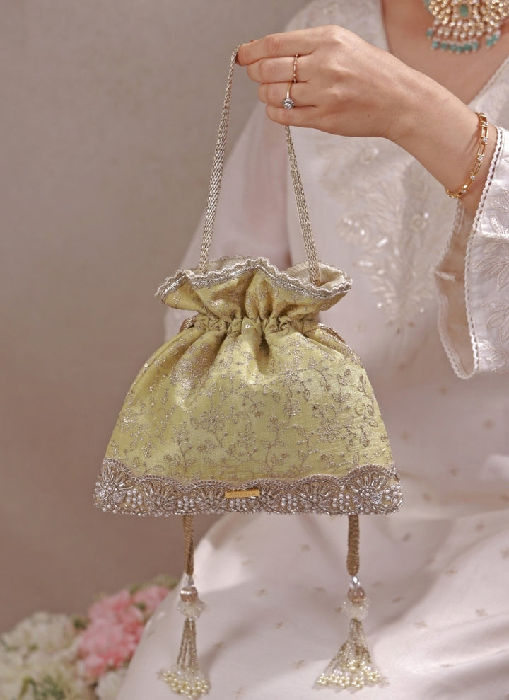 Green Embroidered Tissue Silk Potli