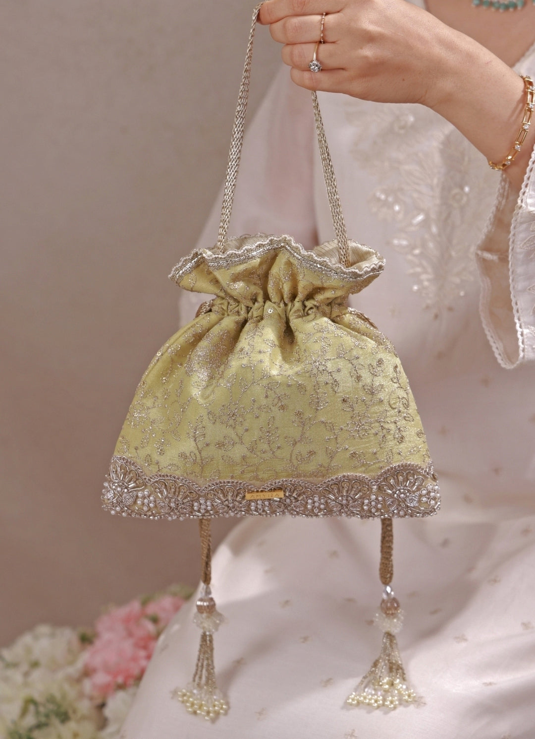 Green Embroidered Tissue Silk Potli