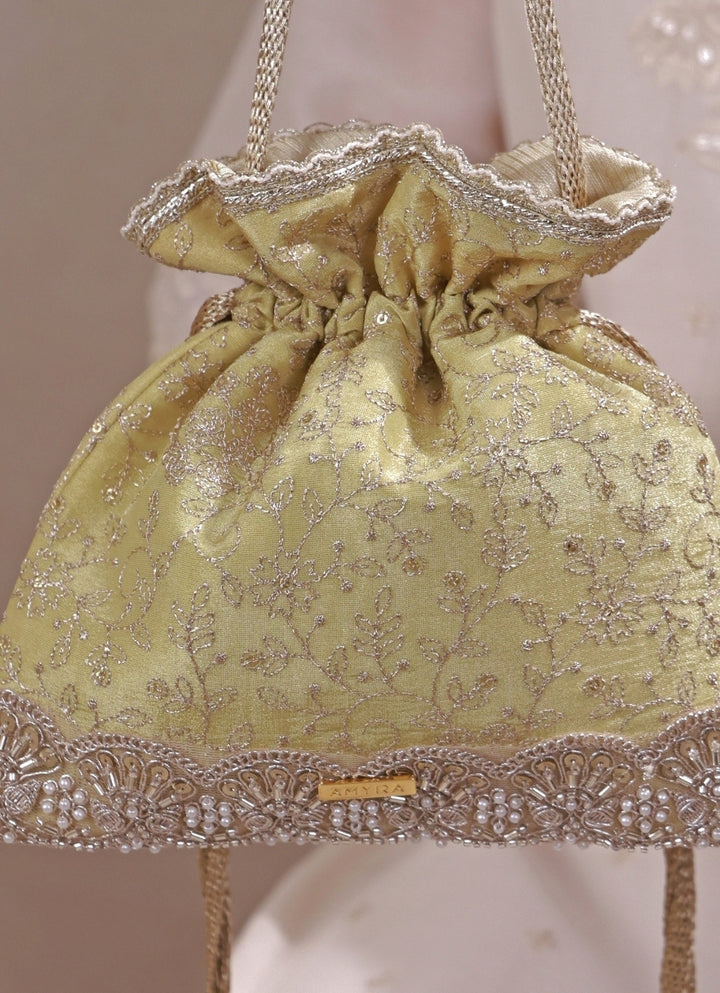 Green Embroidered Tissue Silk Potli