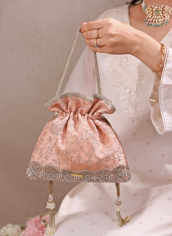 Peach Embroidered Tissue Silk Potli