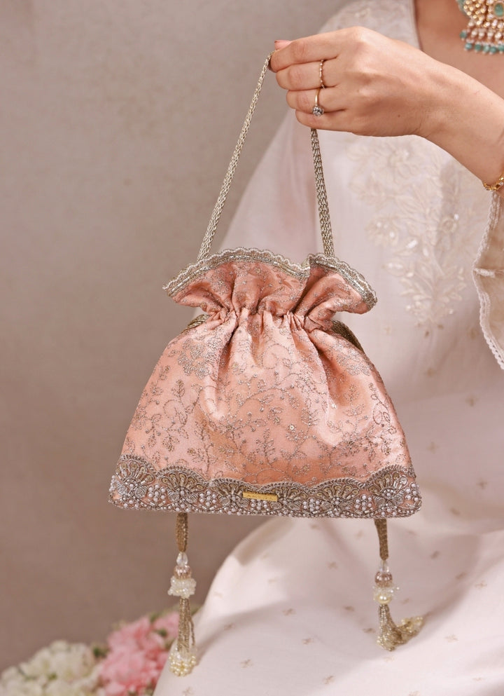Peach Embroidered Tissue Silk Potli