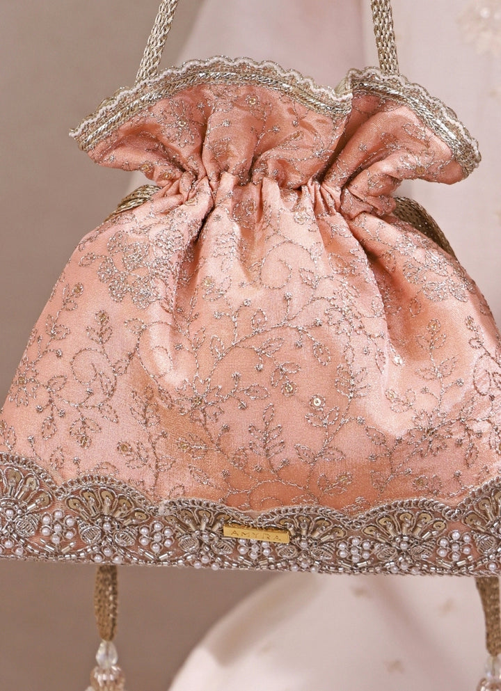 Peach Embroidered Tissue Silk Potli