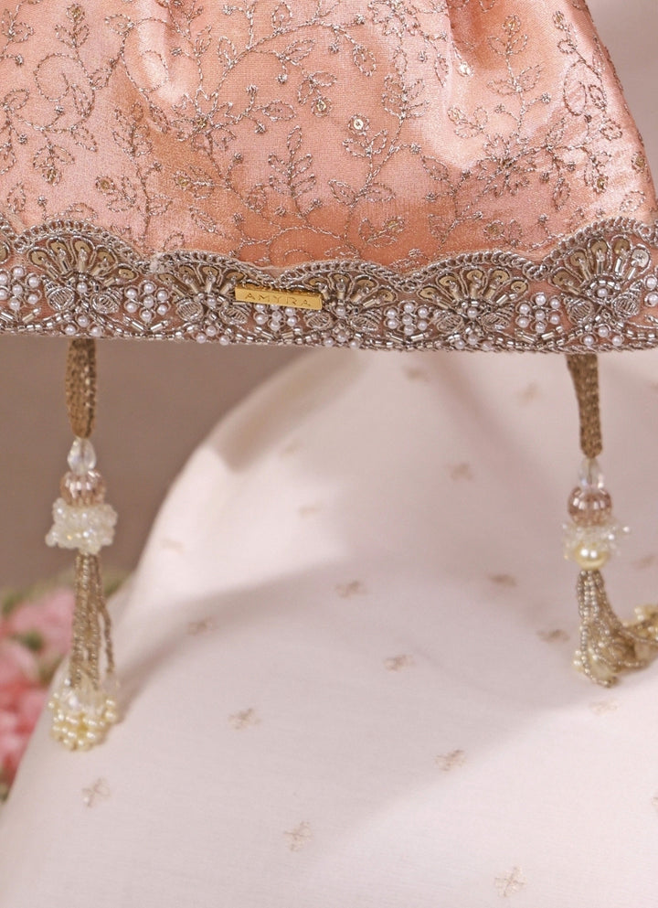Peach Embroidered Tissue Silk Potli