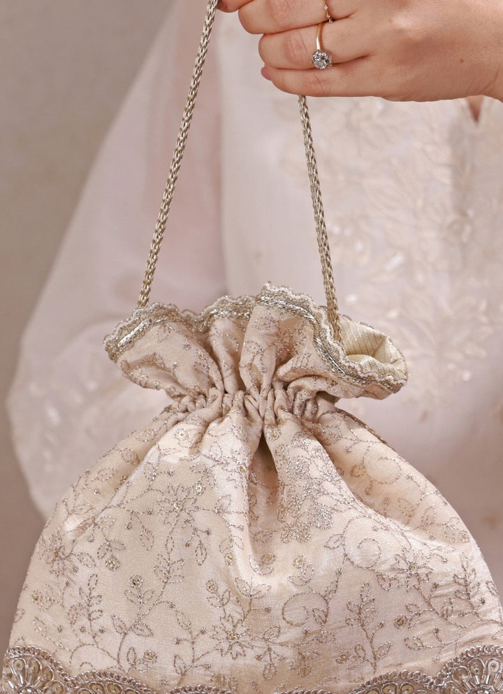 Beige Embroidered Tissue Silk Potli