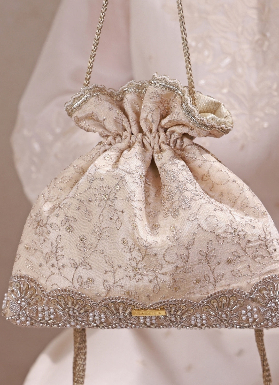 Beige Embroidered Tissue Silk Potli