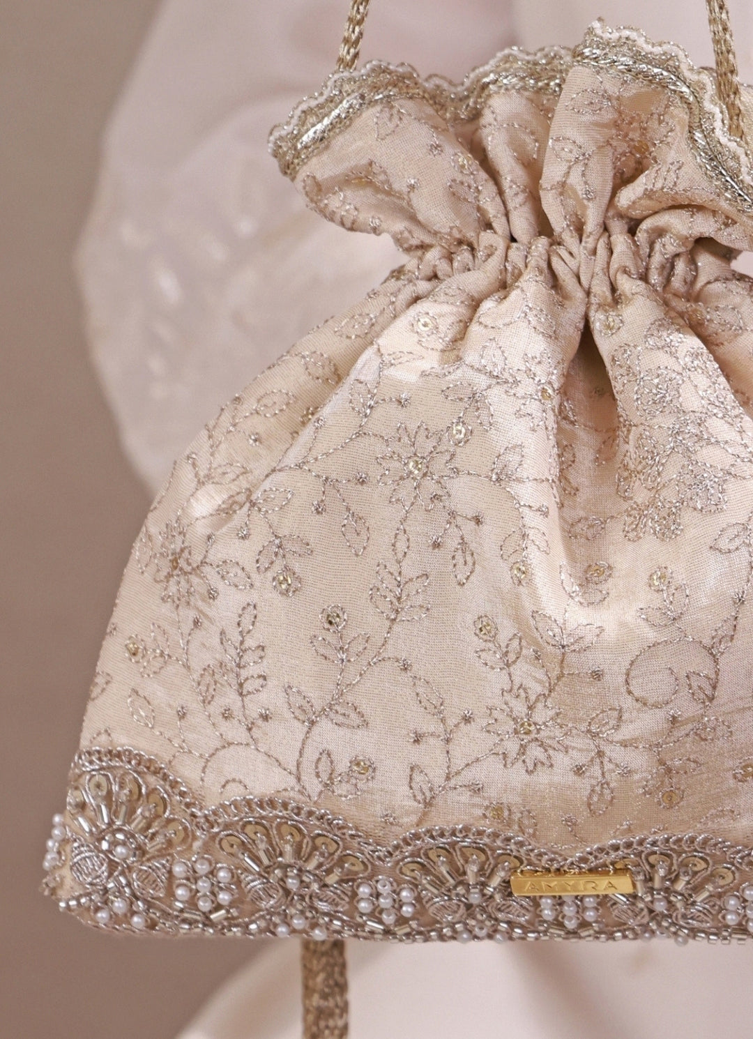 Beige Embroidered Tissue Silk Potli
