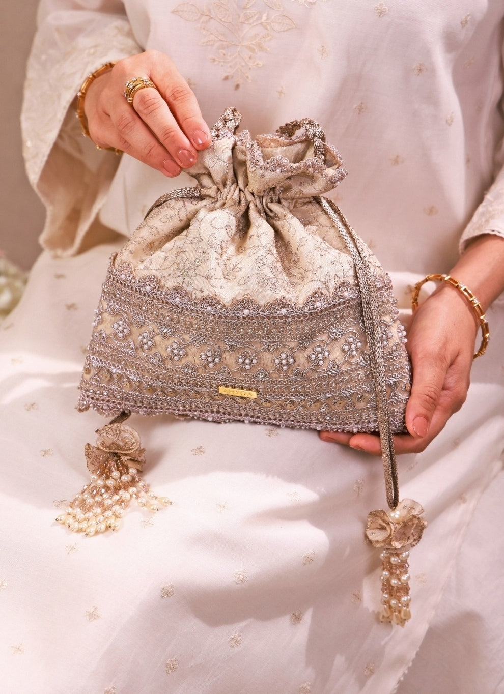 Beige Embroidered Tissue Potli