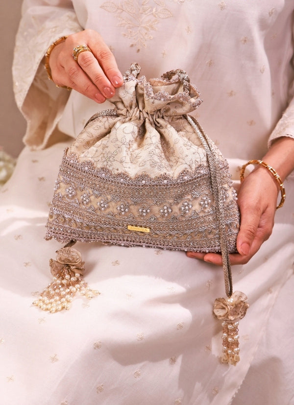 Beige Embroidered Tissue Potli
