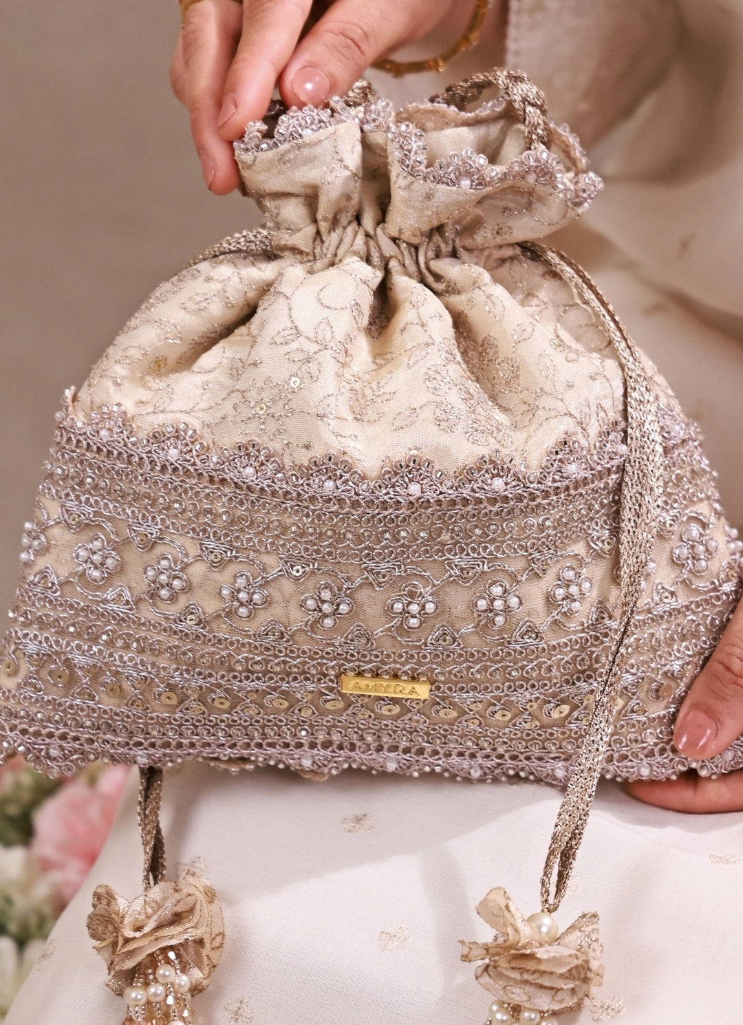 Beige Embroidered Tissue Potli