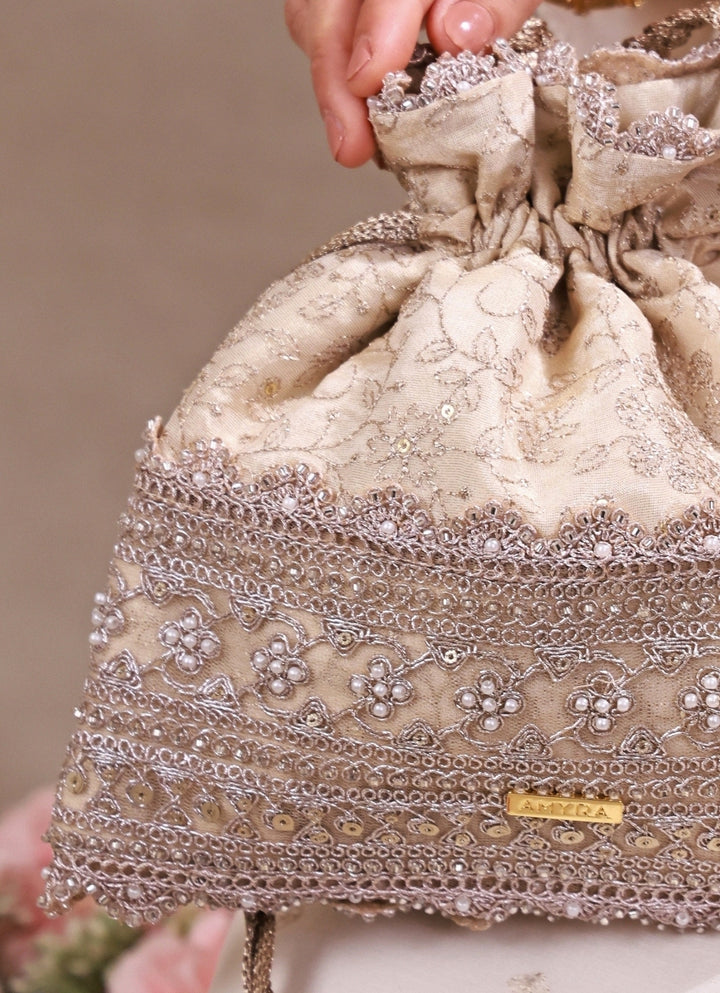 Beige Embroidered Tissue Potli
