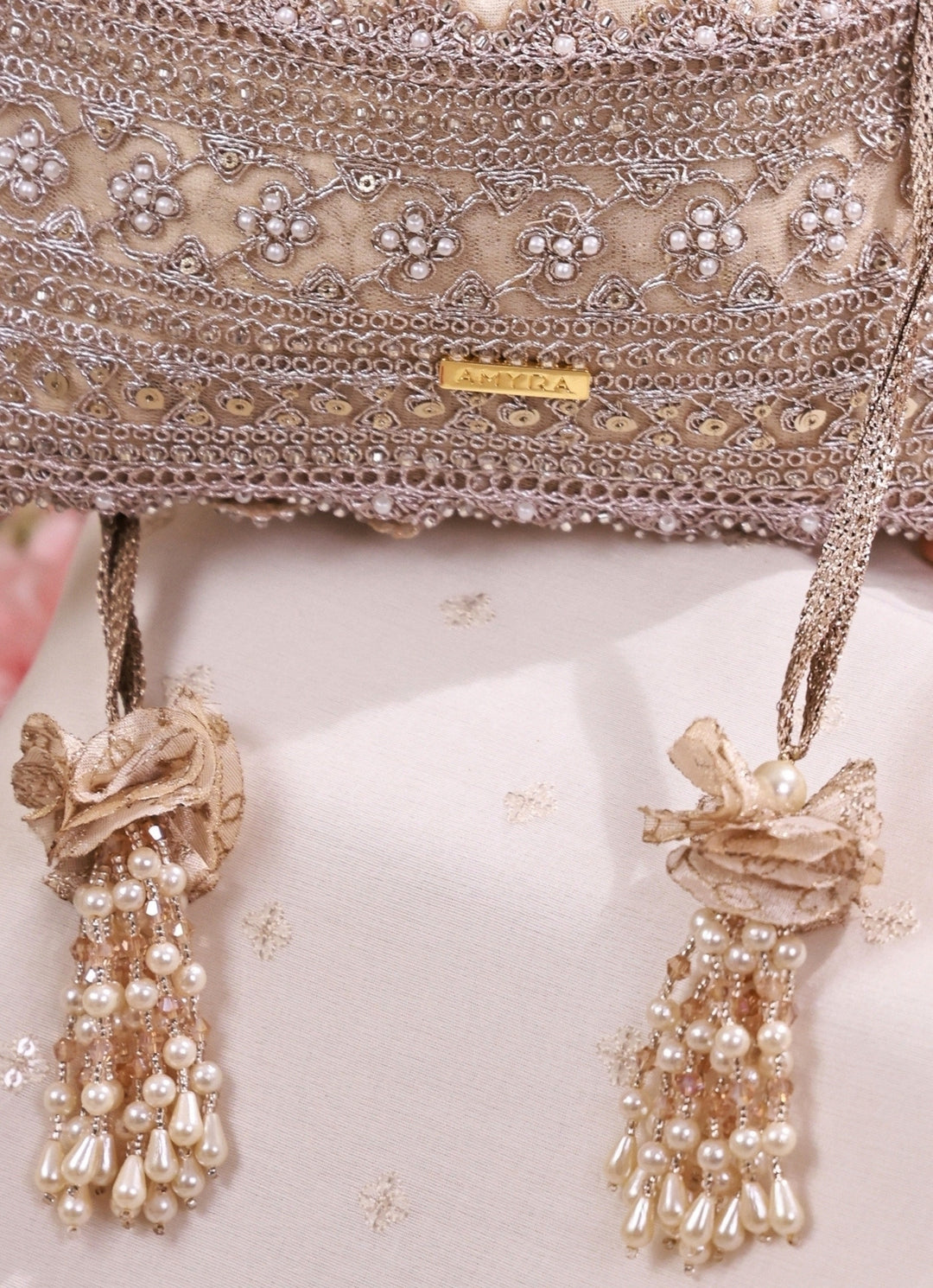 Beige Embroidered Tissue Potli