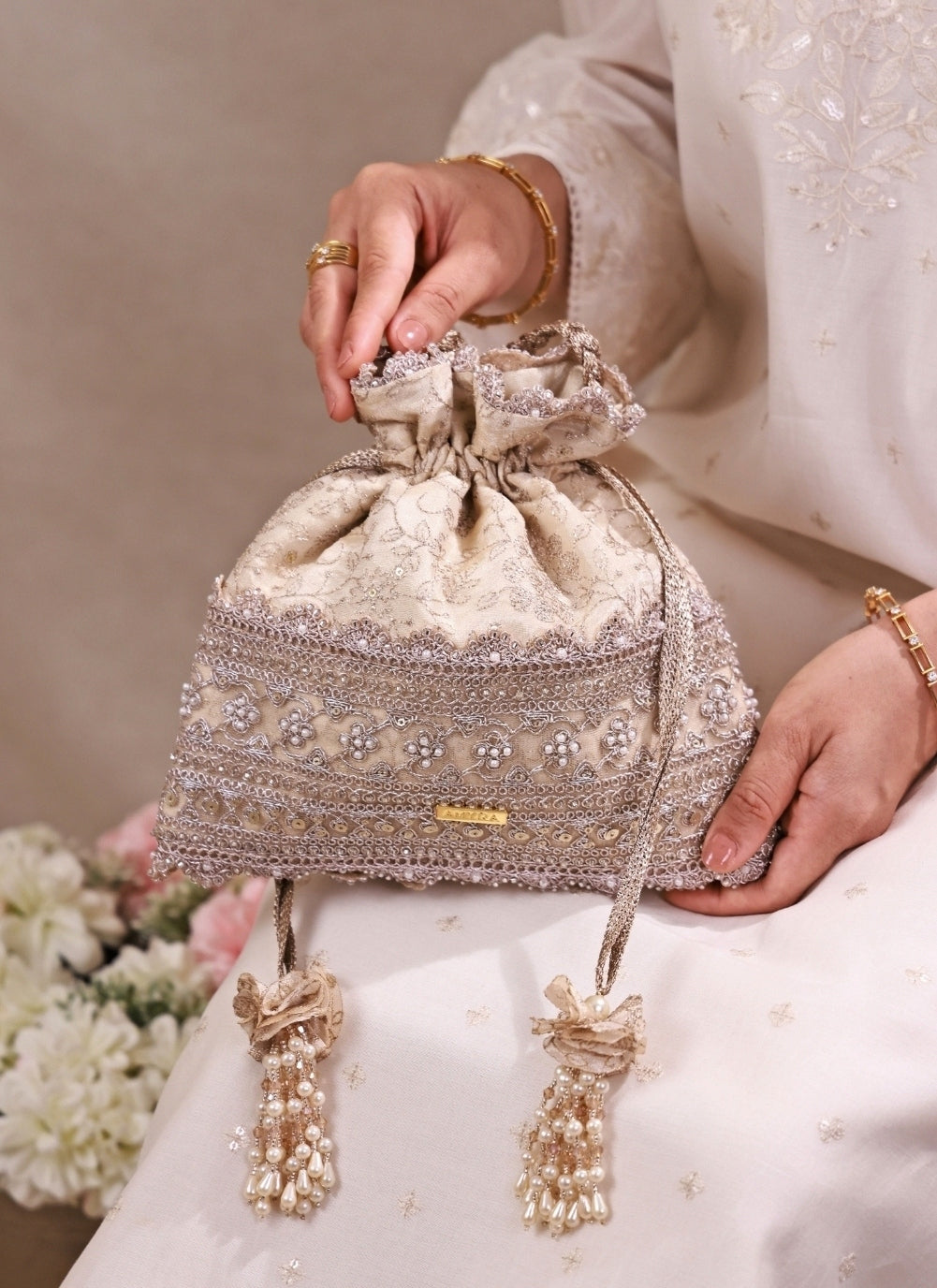 Beige Embroidered Tissue Potli