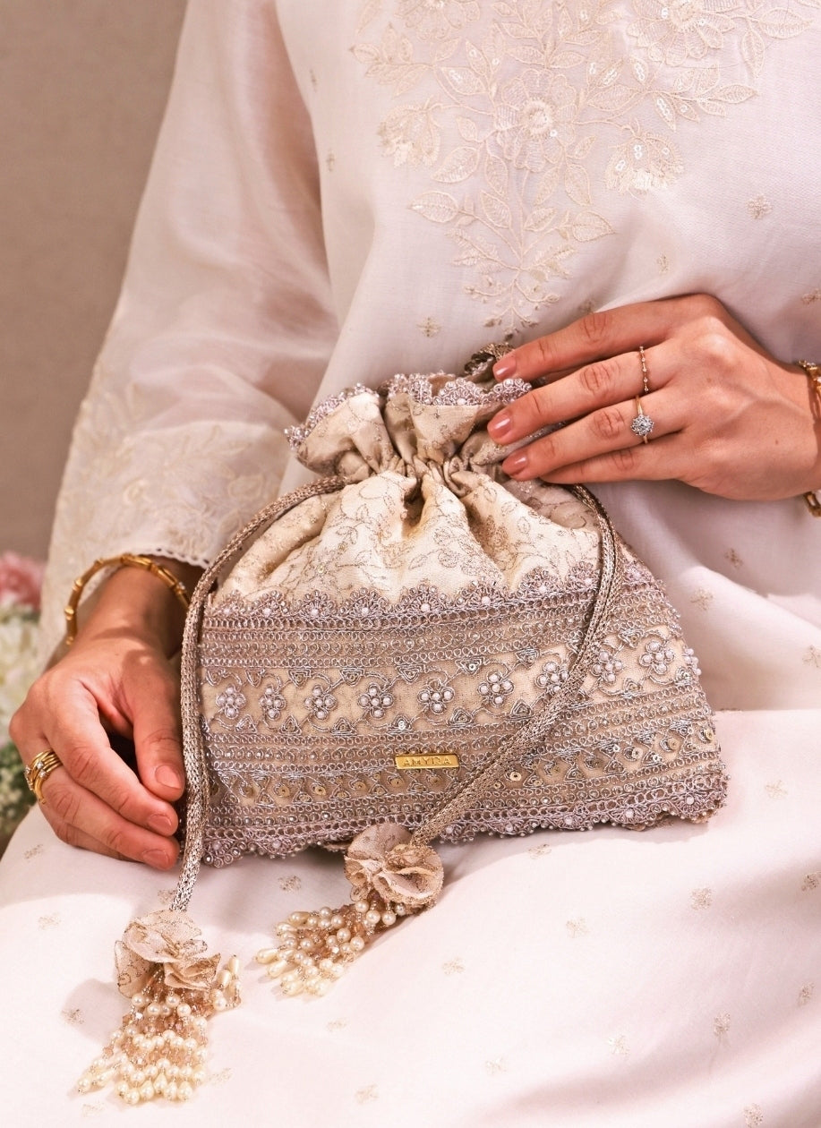 Beige Embroidered Tissue Potli
