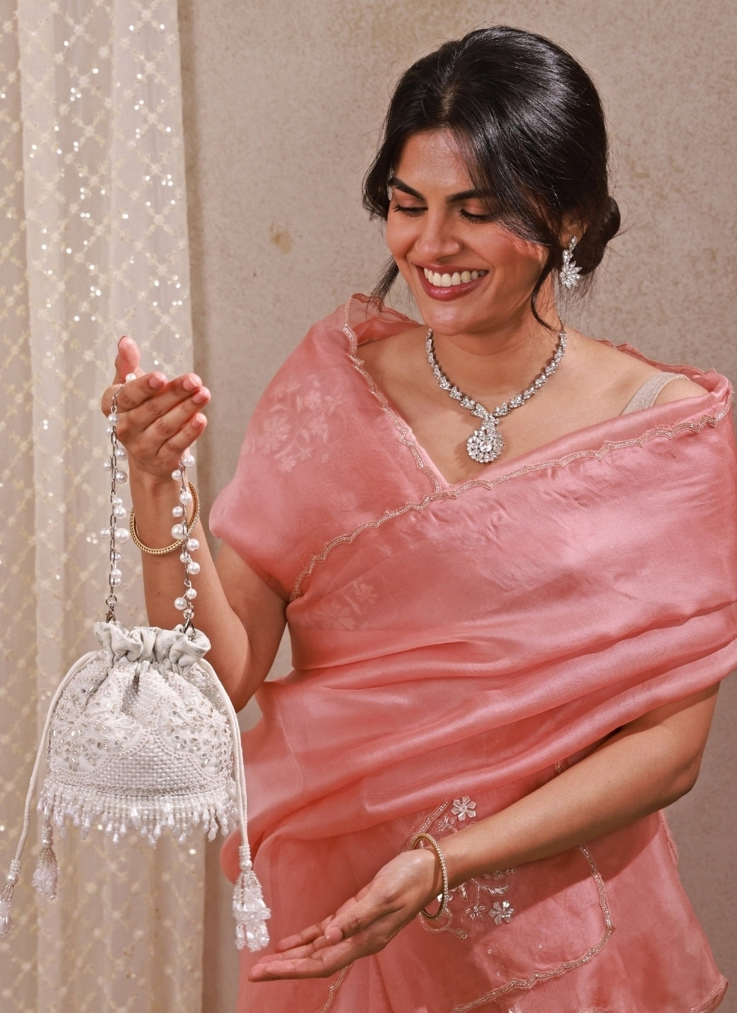 Silver Pearl Embroidered Silk Mini Potli