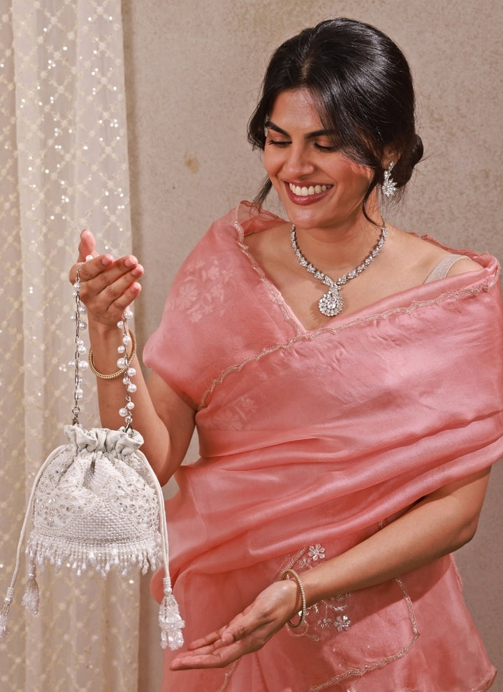 Silver Pearl Embroidered Silk Mini Potli
